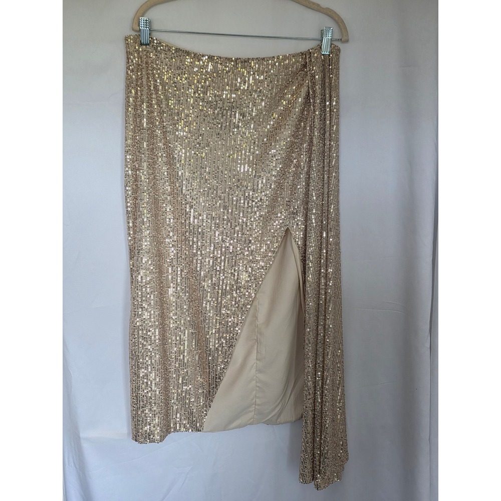 Virgos Lounge Gold Sequin Midi Skirt High Slit Party Formal Size UK 14 US 10 NEW